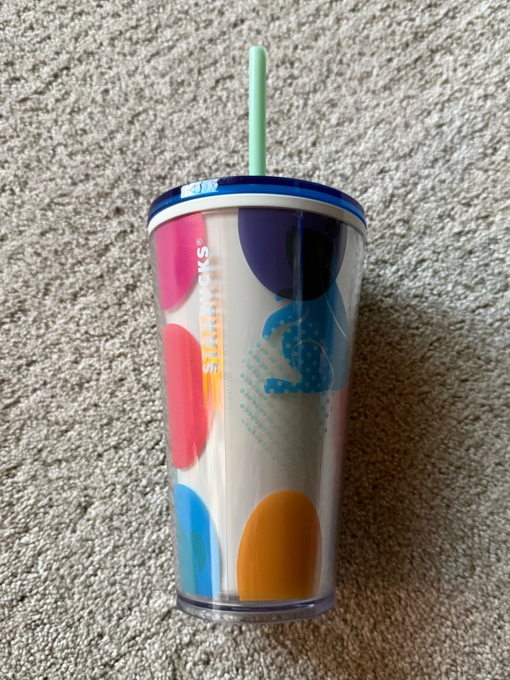 Starbucks White Tumbler with Multicolor Dot Accents and Blue Lid